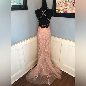 Sherri Hill 52338 Open Back Lace Prom Dress Floral Court Train Blush Pink Sz 0